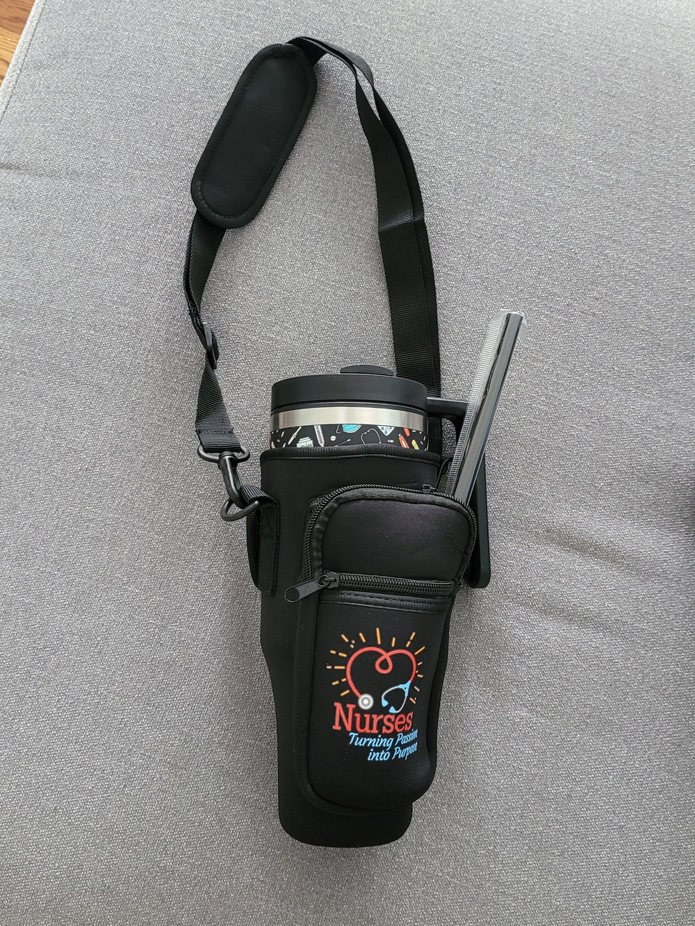 NWOT Nurses Travel Tumbler Carrier with Strap - Black